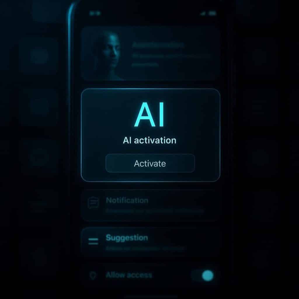 Glowing turquoise AI node with radio waveforms on a dark tech background