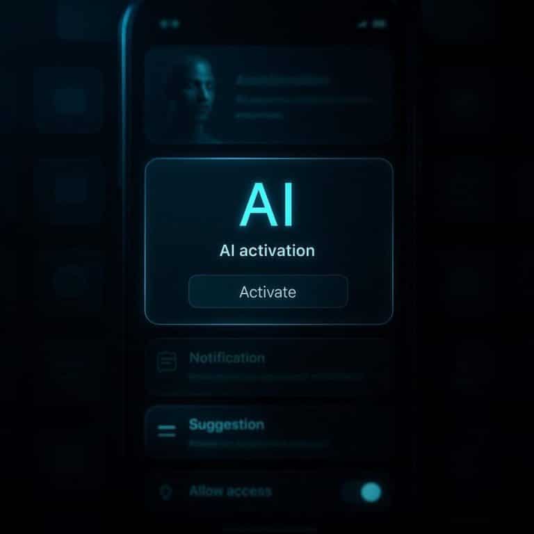 Glowing turquoise AI node with radio waveforms on a dark tech background
