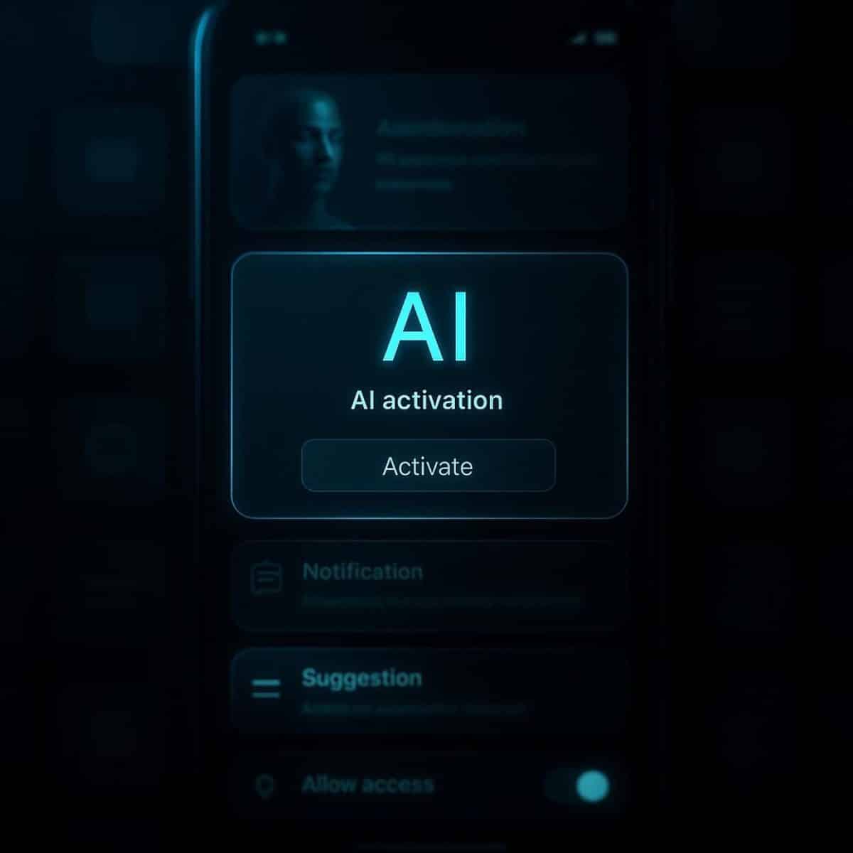 Glowing turquoise AI node with radio waveforms on a dark tech background