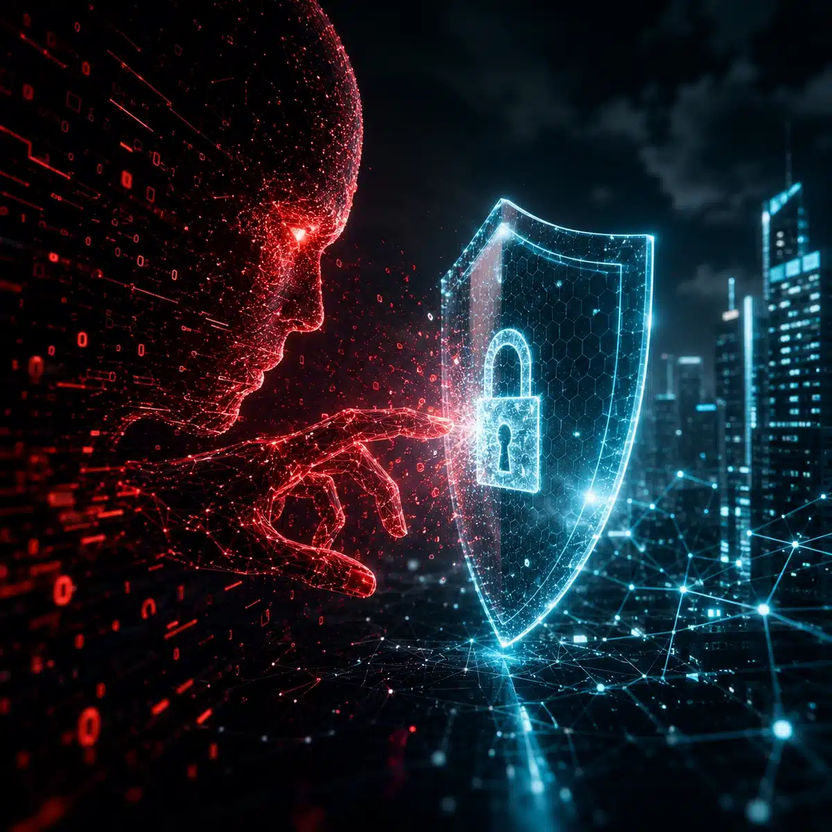 AI-powered cyberattack concept showing a red AI entity attacking a secure digital shield in a futuristic cyber defense environment