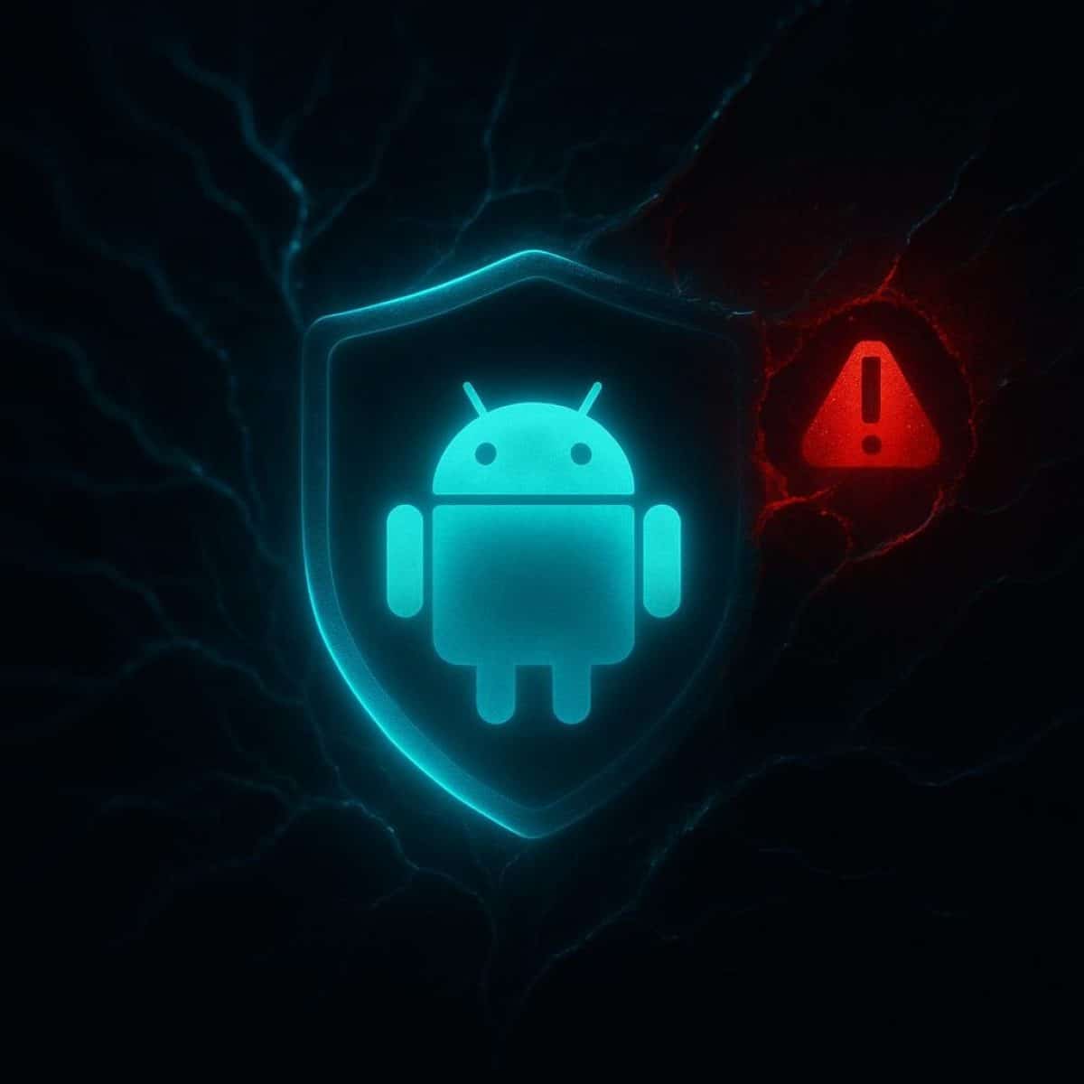 Stylized Android system chip illuminated by turquoise neural pathways on a dark tech background