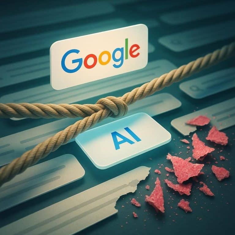 Illustration of search results feeding into an AI summary card to show influence and control.