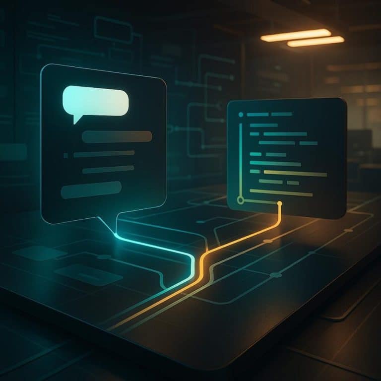 Holographic assistant blending conversational chat and code above a systems dashboard.