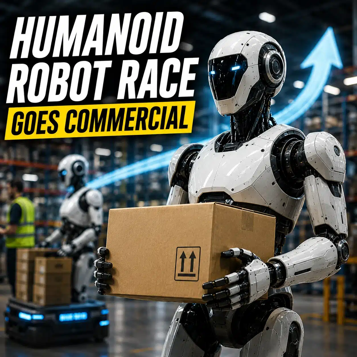 Humanoid robot carrying package inside futuristic warehouse during commercial AI robotics deployment