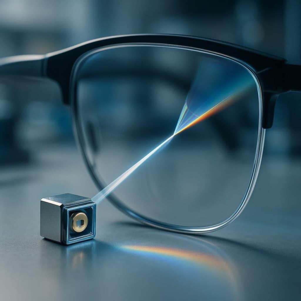 Thumbnail-sized optics module held before an AR glasses frame and photonics assembly line