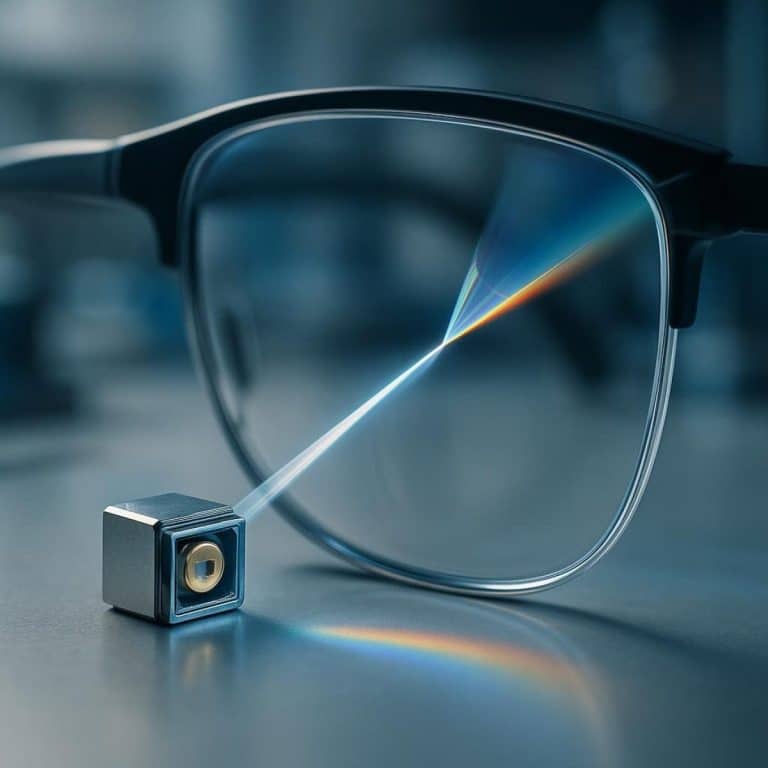 Thumbnail-sized optics module held before an AR glasses frame and photonics assembly line