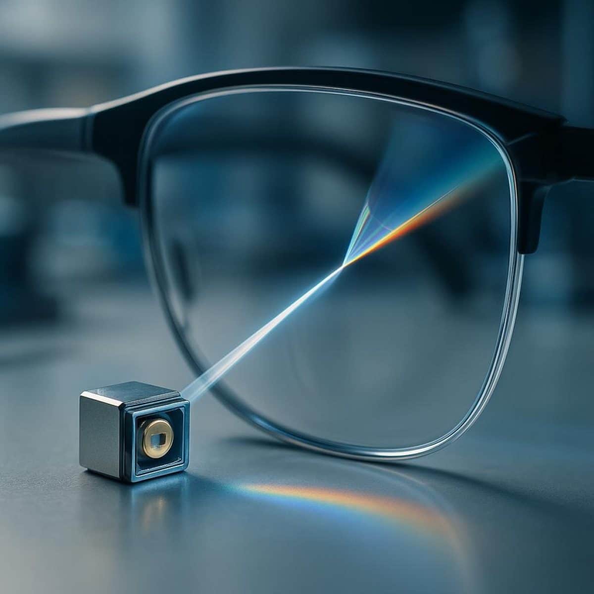 Thumbnail-sized optics module held before an AR glasses frame and photonics assembly line