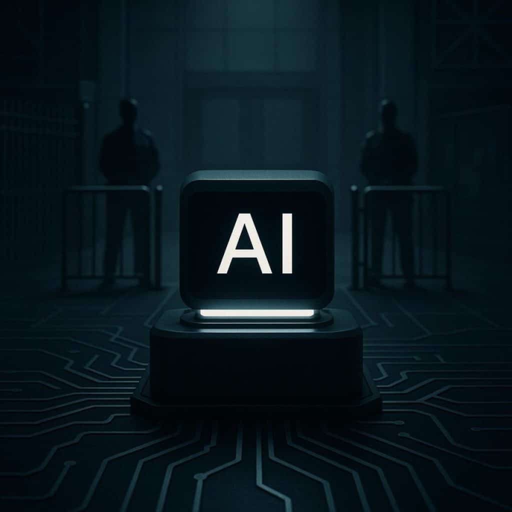 An empty office chair before glowing server racks representing a shift from headcount to AI infrastructure.