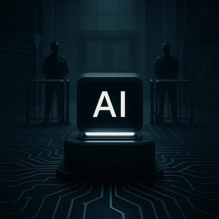 An empty office chair before glowing server racks representing a shift from headcount to AI infrastructure.