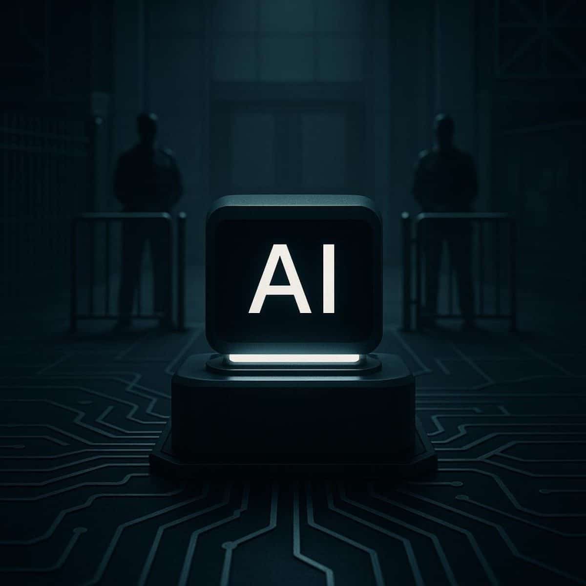 An empty office chair before glowing server racks representing a shift from headcount to AI infrastructure.