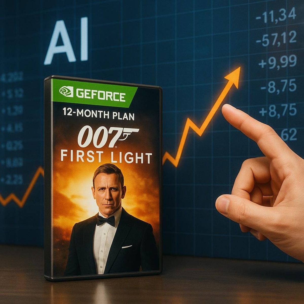 Cloud GPU server racks with a shadowed secret-agent silhouette representing streaming of 007 First Light
