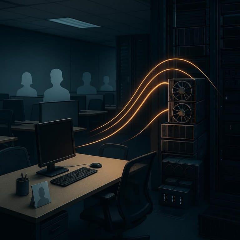 Memory wafers and a technician in a futuristic semiconductor cleanroom, representing the human-machine systems central to AI chip production.