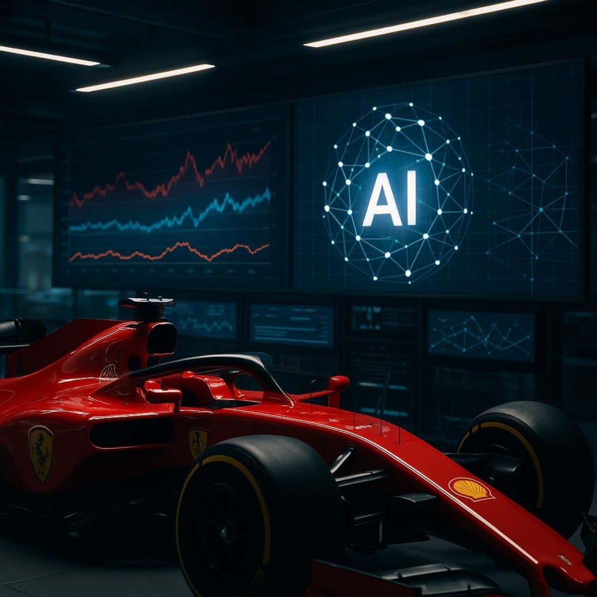 Ferrari emblem made from telemetry and data streams to illustrate AI-driven fan orchestration