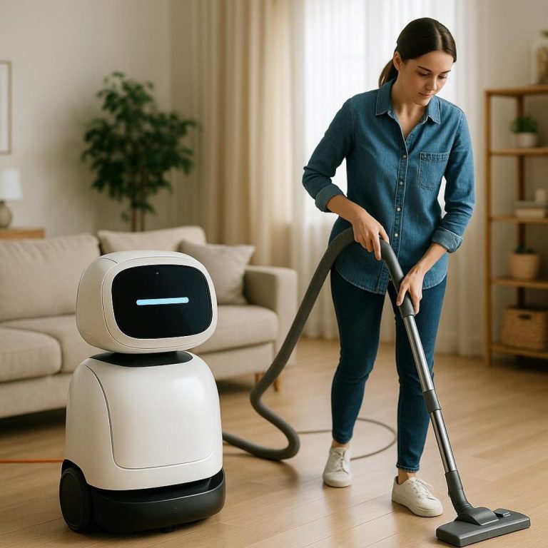People cleaning a living room being recorded with translucent robot outlines and data overlays
