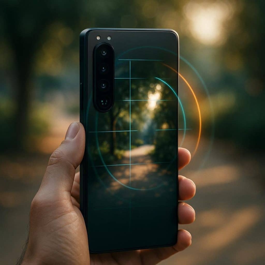 Close-up of a smartphone camera lens with translucent AI suggestion overlays for lighting and composition.
