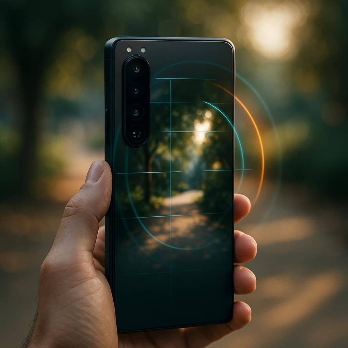 Close-up of a smartphone camera lens with translucent AI suggestion overlays for lighting and composition.