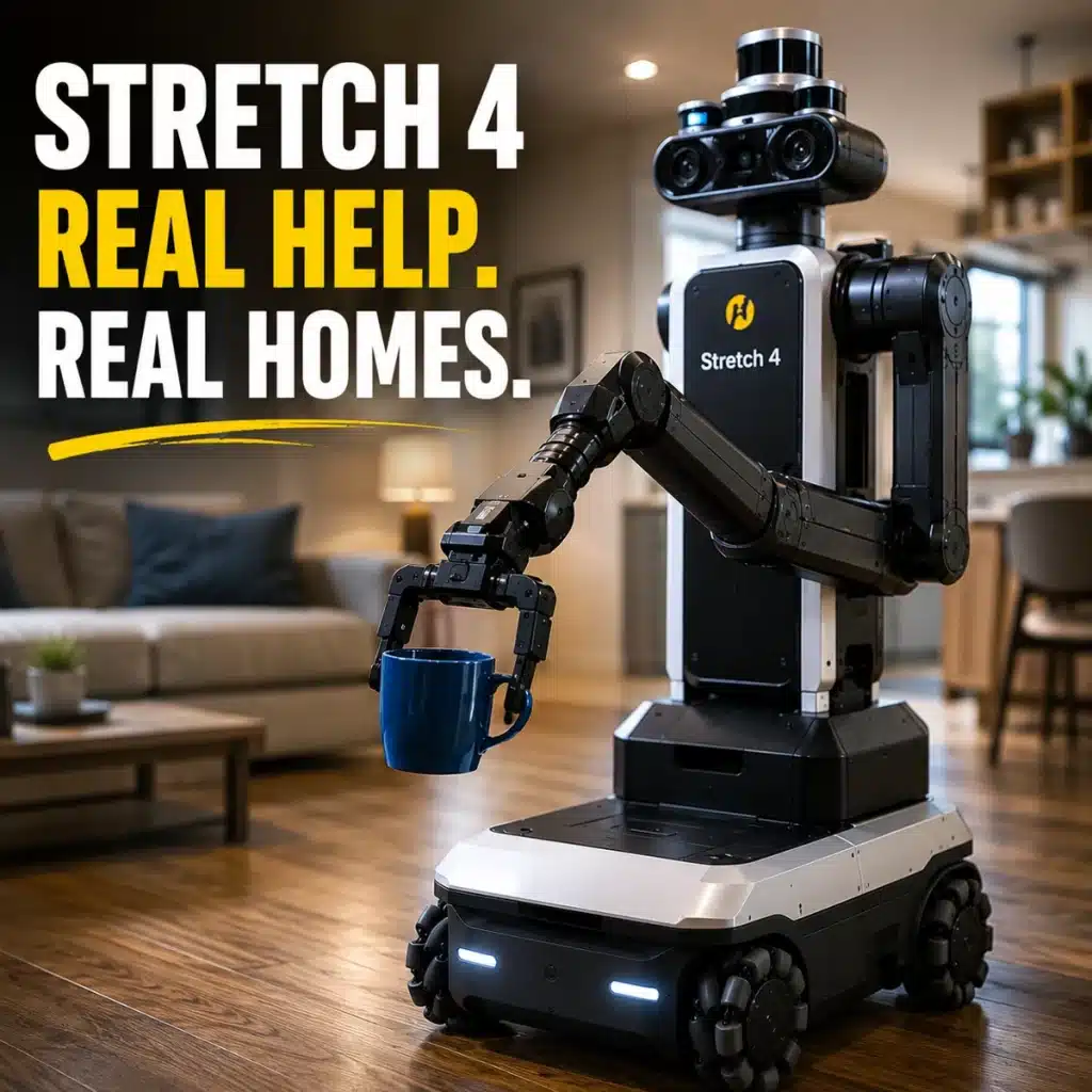 Hello Robot Stretch 4 mobile home robot operating inside a modern living room