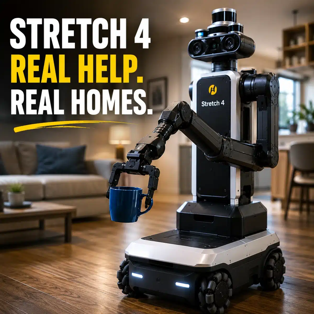 Hello Robot Stretch 4 mobile home robot operating inside a modern living room