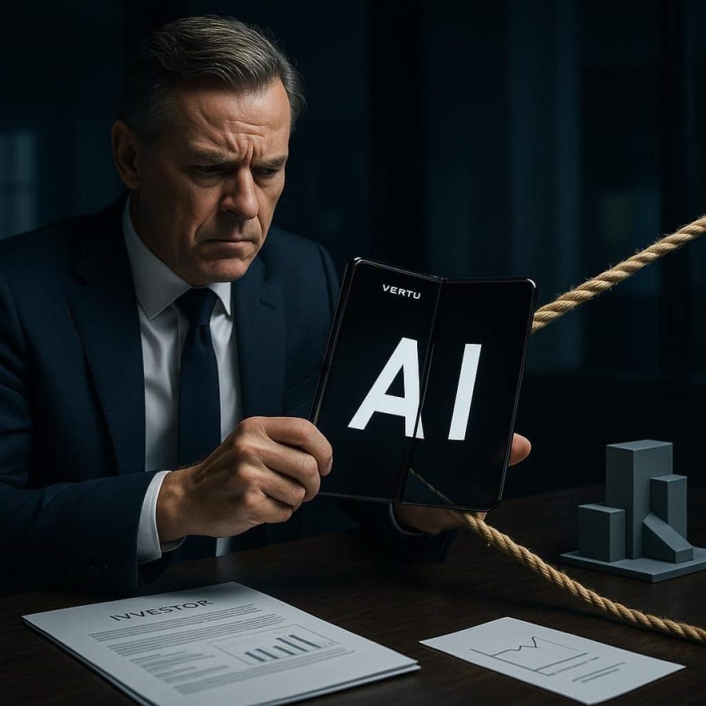 Executive using a foldable device displaying AI controls on the screen