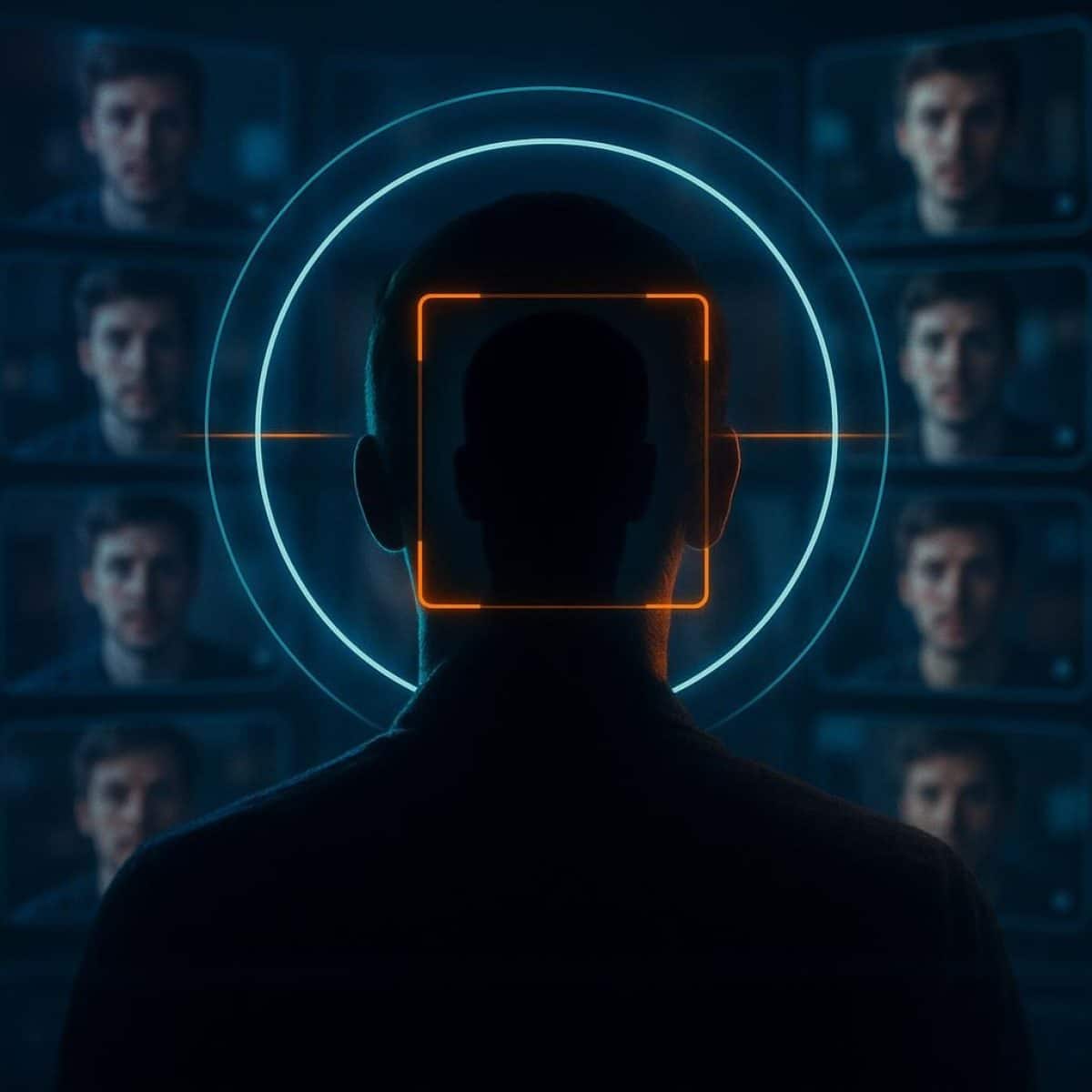 Smartphone displaying a biometric selfie scan overlayed with network nodes and blurred video thumbnails, illustrating YouTube likeness detection.