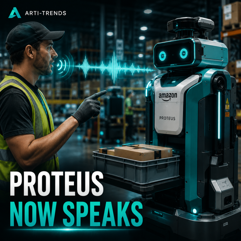 Amazon Proteus warehouse robot receiving spoken instructions from a warehouse worker