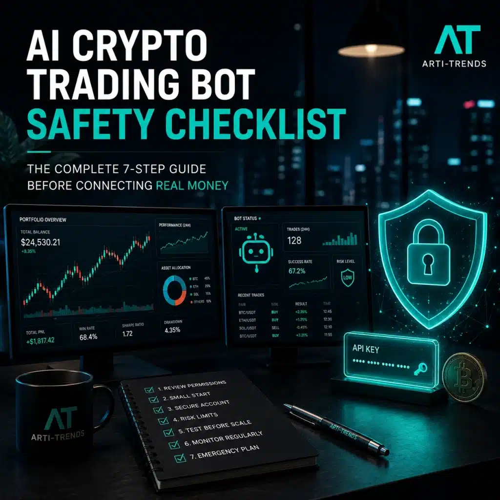 AI crypto trading bot safety checklist cover showing secure automated trading, API security, and crypto risk management