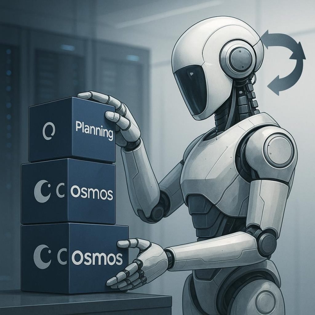 Robotic arm overlaid with translucent simulated grid showing imagined futures