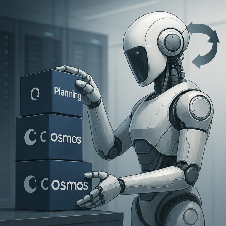 Robotic arm overlaid with translucent simulated grid showing imagined futures