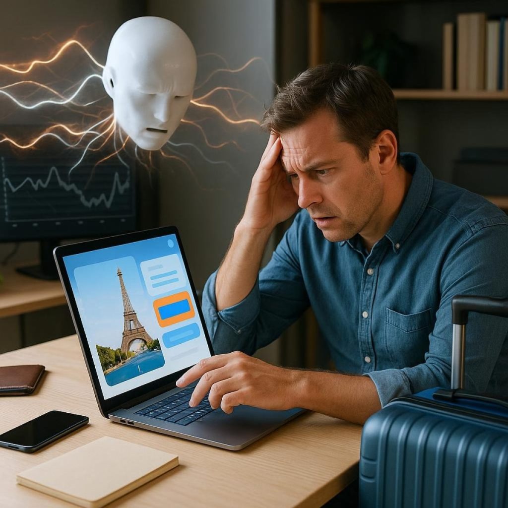 AI travel agent UI showing map, itinerary and booking confirmation