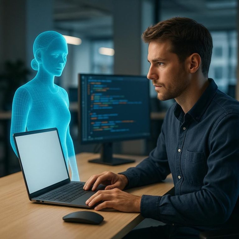 Futuristic laptop and edge device running a local AI assistant