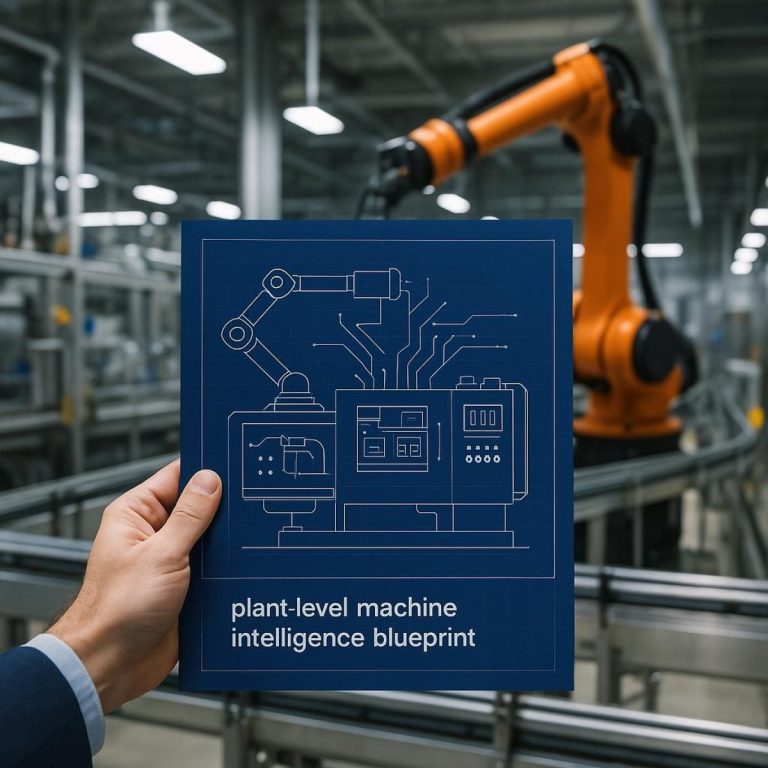 Factory control room with central AI node and data streams