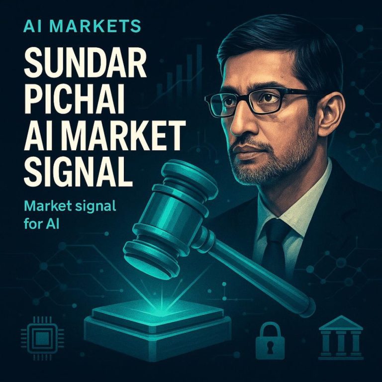 Sundar Pichai silhouette on a university stage with protesters and an abstract AI network overlay