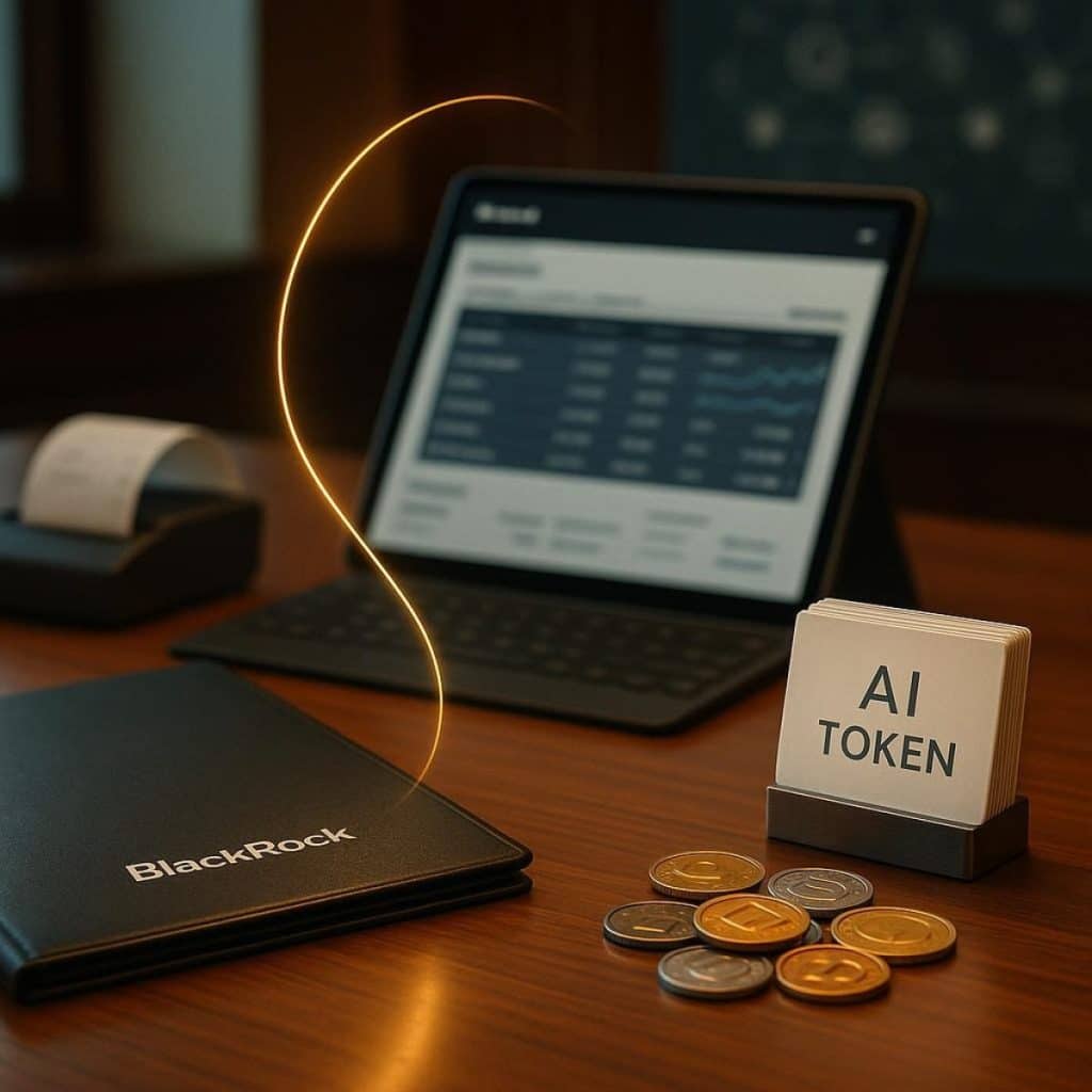 Institutional finance overlaying AI compute and blockchain visuals