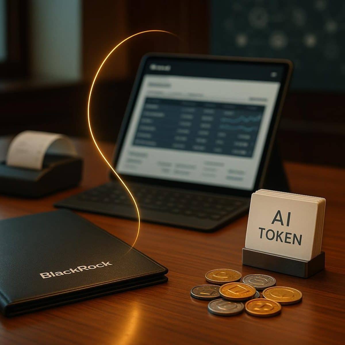 Institutional finance overlaying AI compute and blockchain visuals