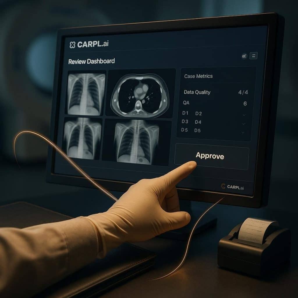 Radiology workstation with AI highlights and IFC logo overlay