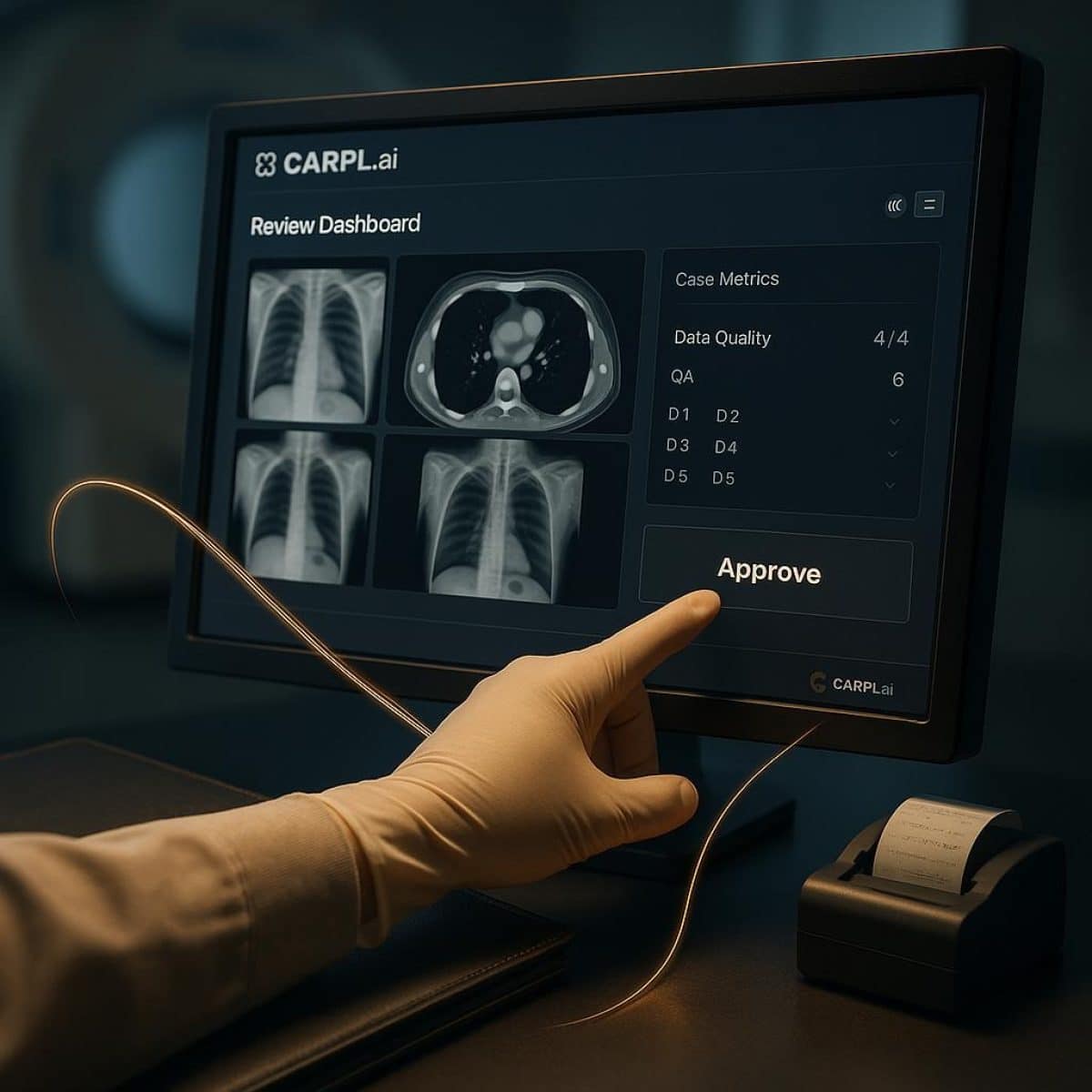 Radiology workstation with AI highlights and IFC logo overlay