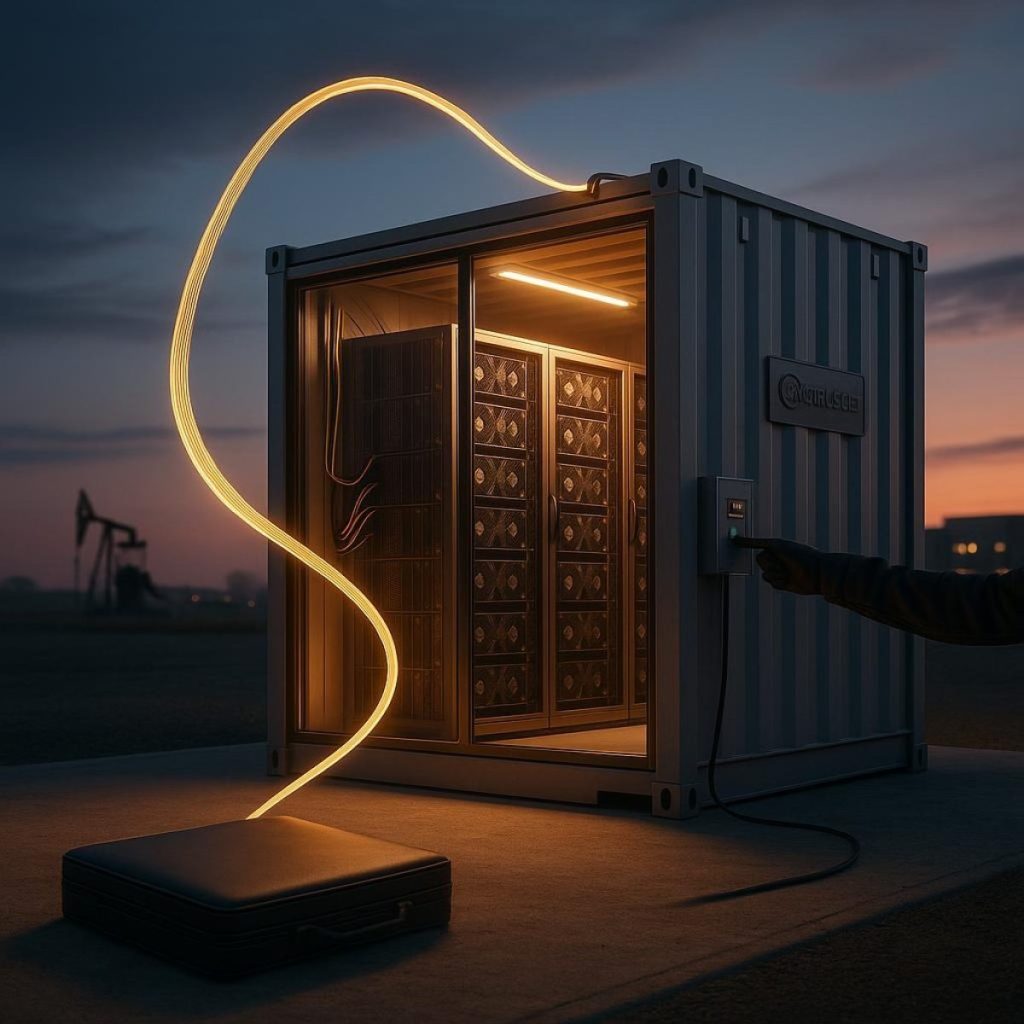 Mobile data center container with GPU racks deployed near an energy site