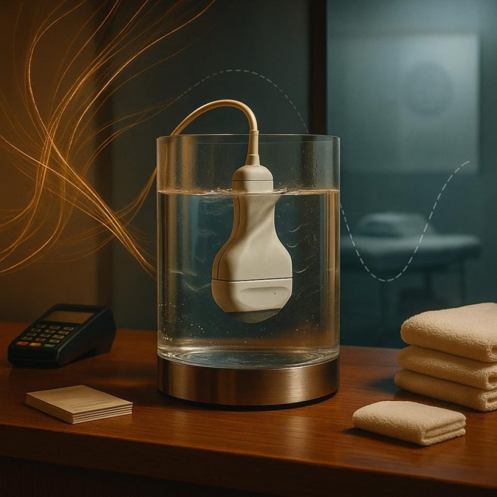 Midjourney ultrasound scanner prototype in a spa setting with digital overlays