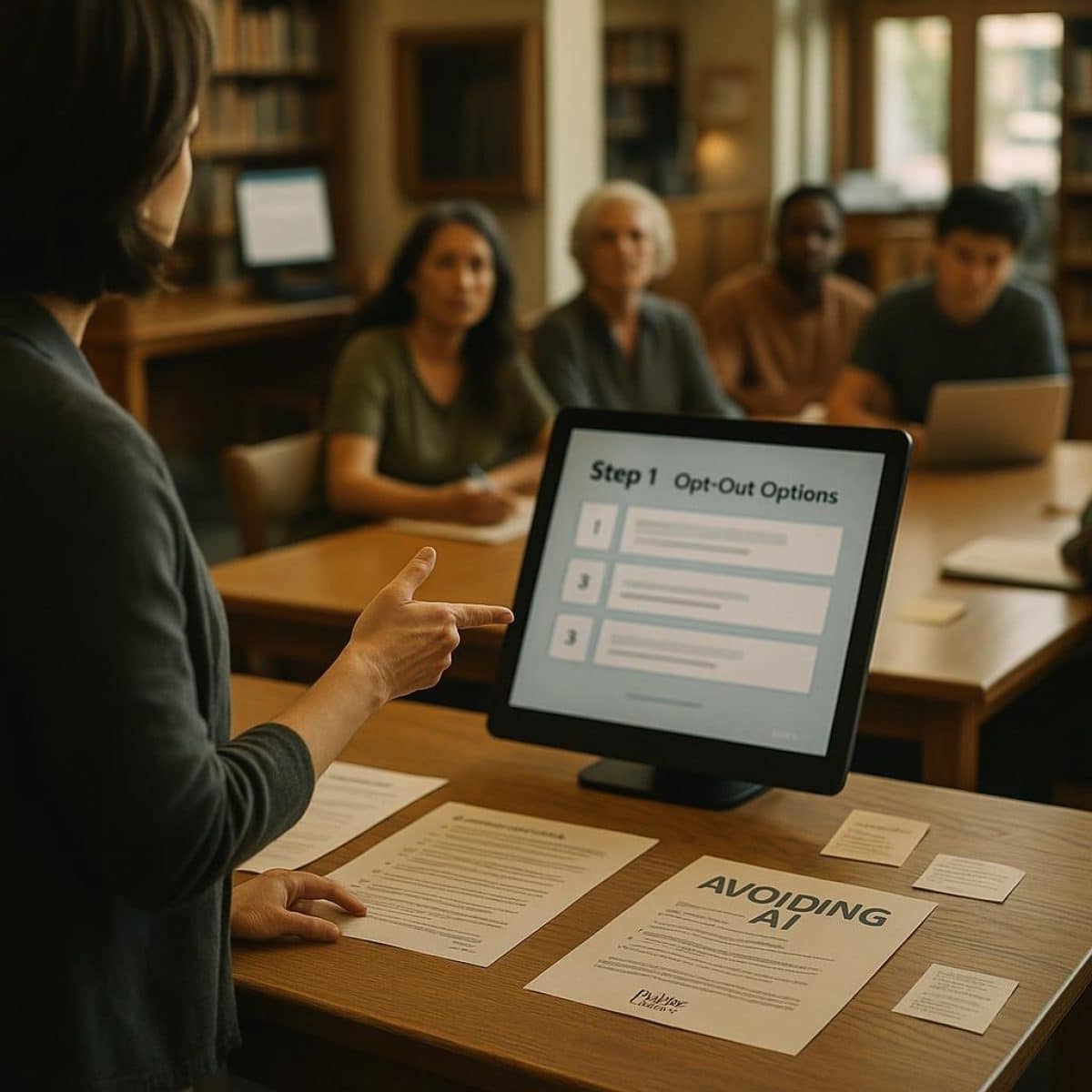 Public library patrons attend an 'Avoiding AI' workshop with laptops and a librarian