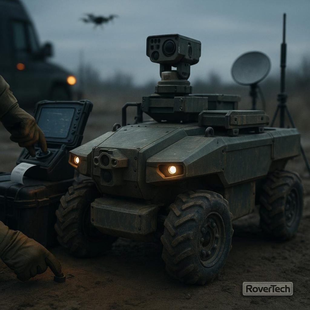 RoverTech Zmyi uncrewed ground vehicle on rough terrain under drone surveillance