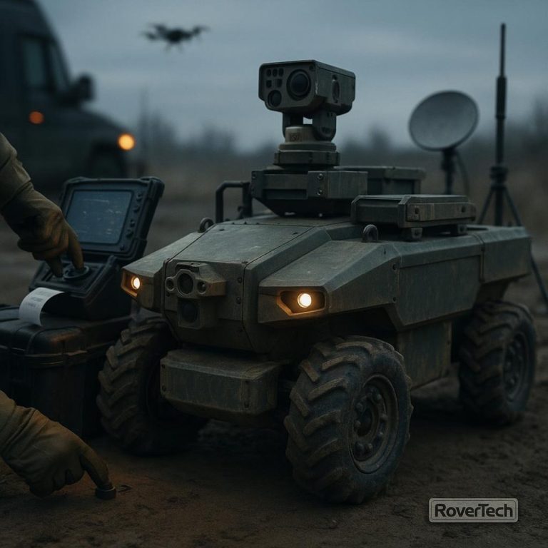 RoverTech Zmyi uncrewed ground vehicle on rough terrain under drone surveillance