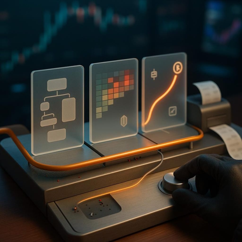 Futuristic systems dashboard showing linked crypto, stock and futures markets