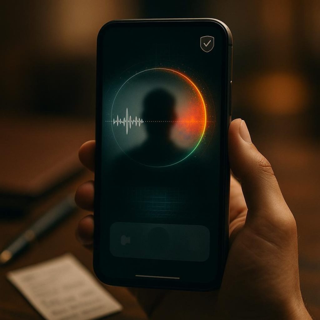 Phone showing a verification shield over audio waveform and video frame