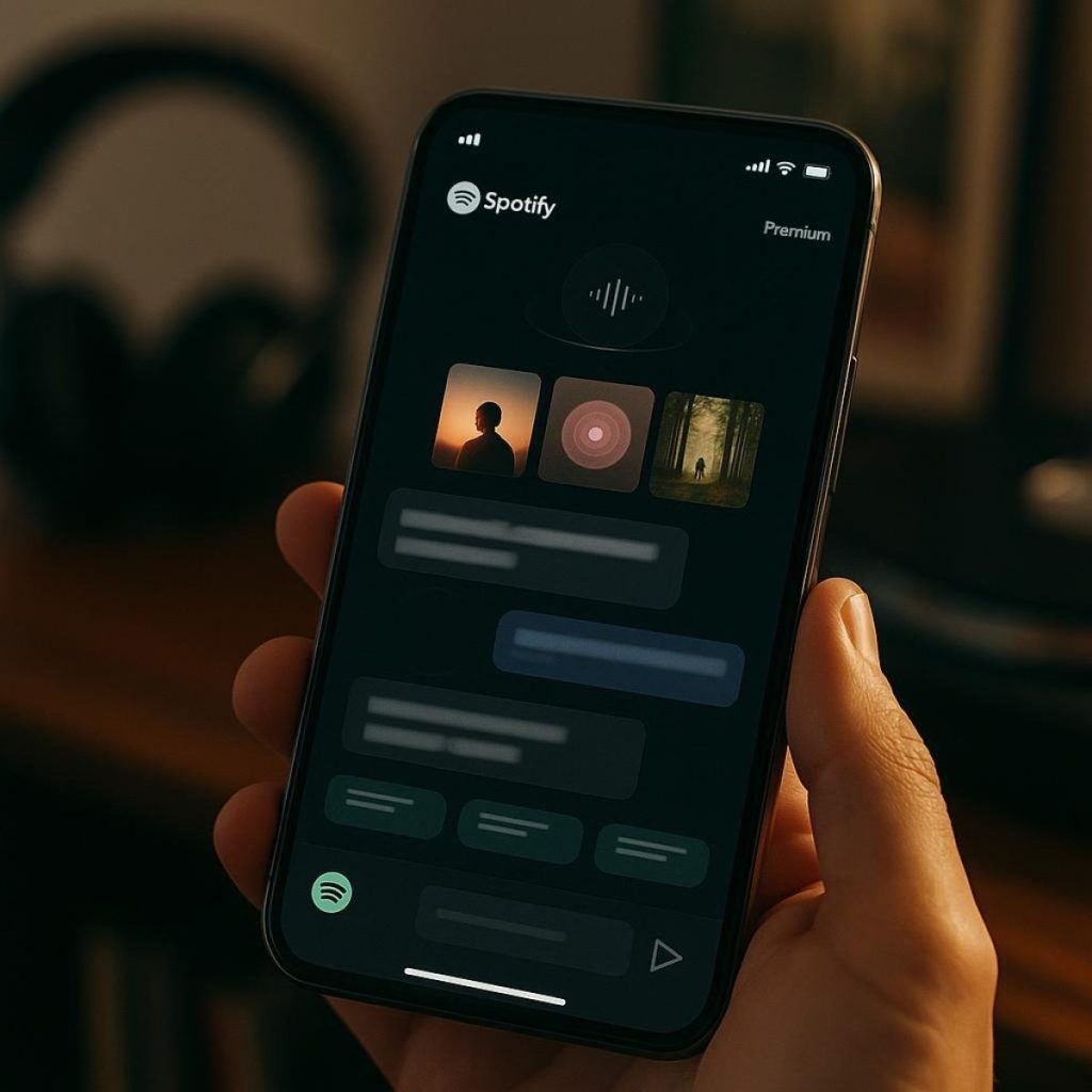 Conversational music assistant overlaying audio waveforms on a mobile screen