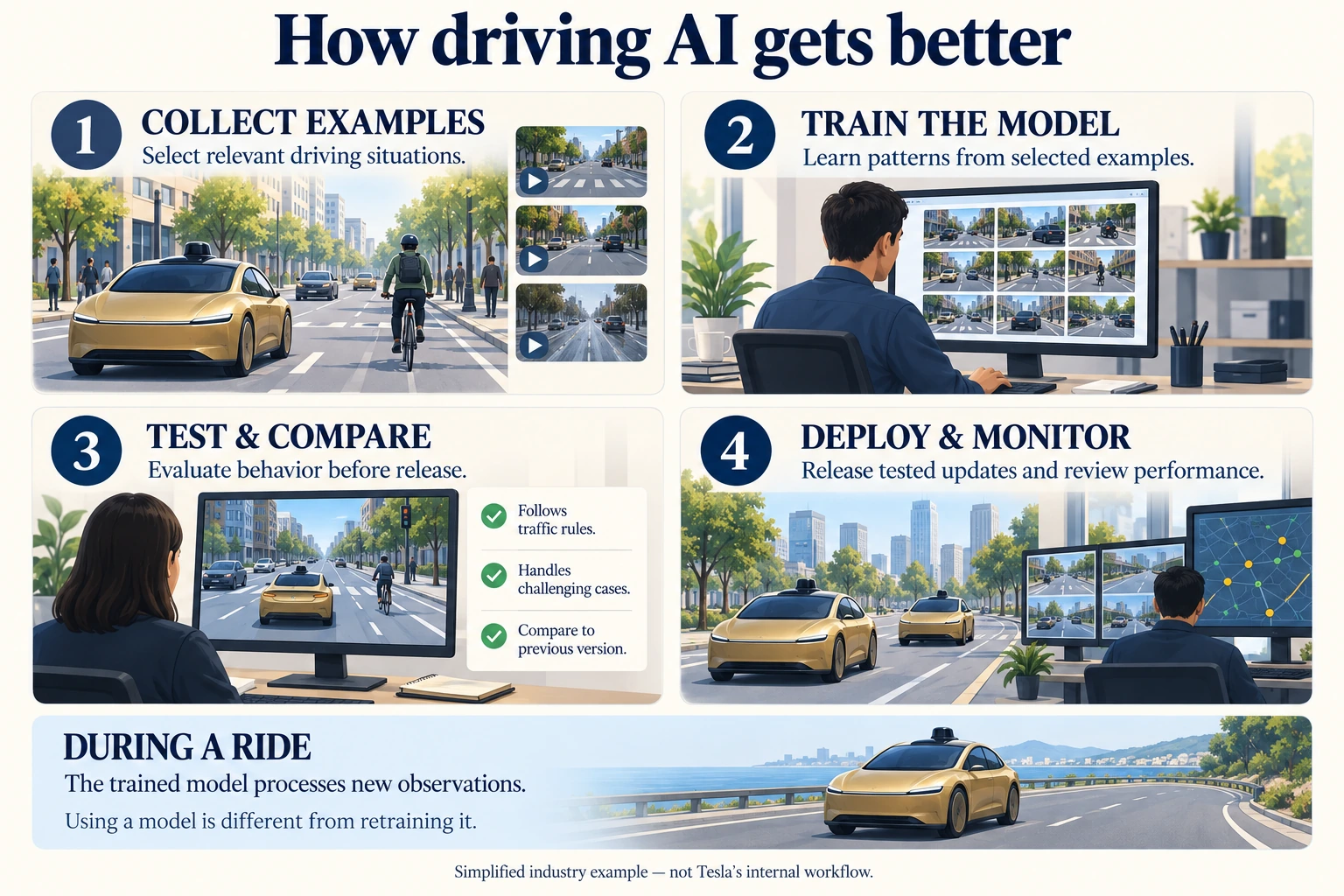 Infographic showing four stages of robotaxi AI development: collecting examples, training, testing, and deployment with monitoring.