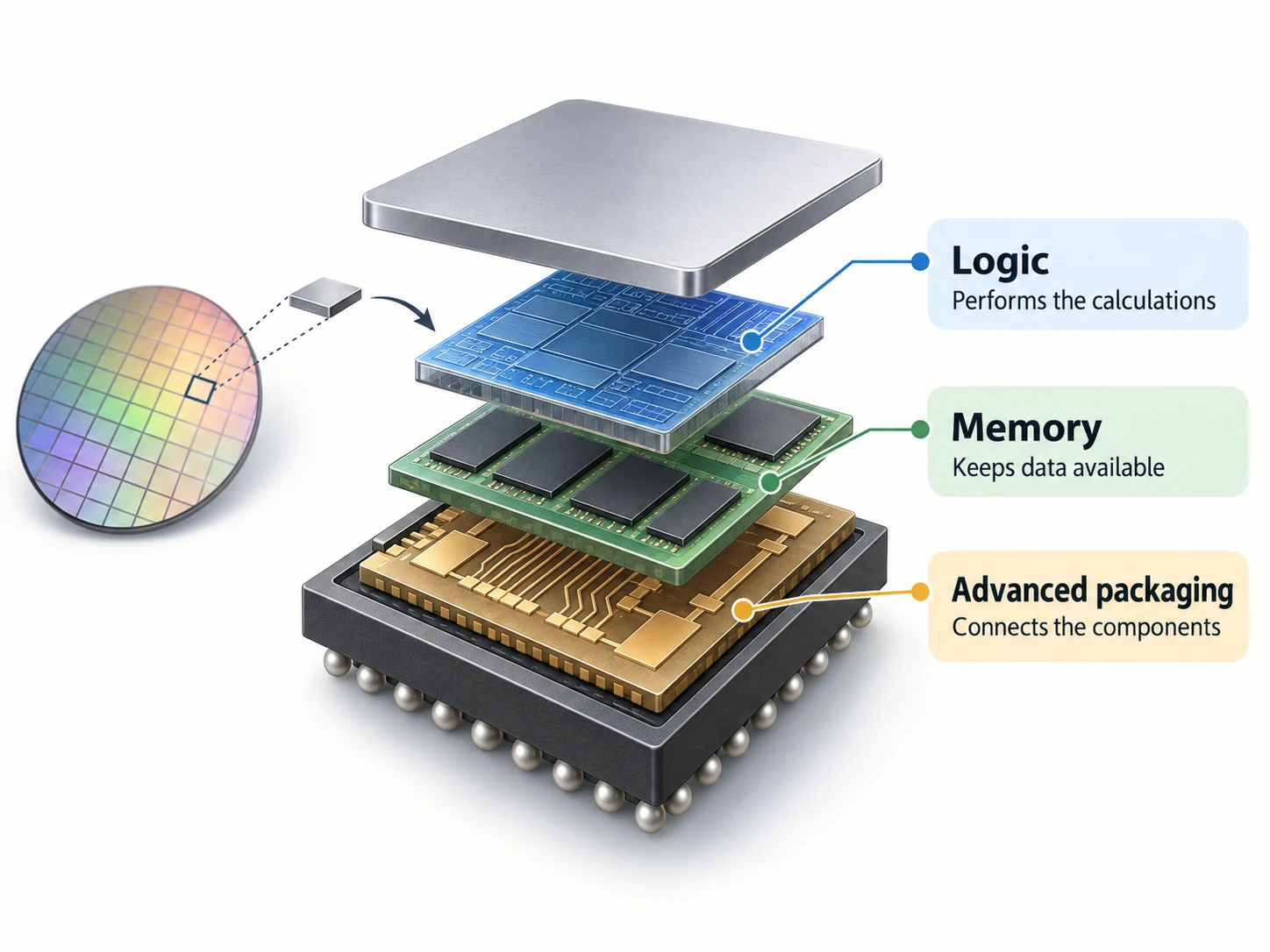 Exploded view of an AI chip showing logic, memory and advanced packaging