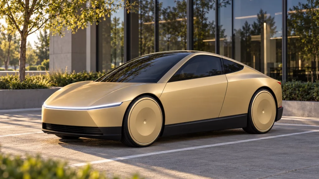 Gold Tesla Cybercab parked outside a modern glass building — AI-generated illustration.