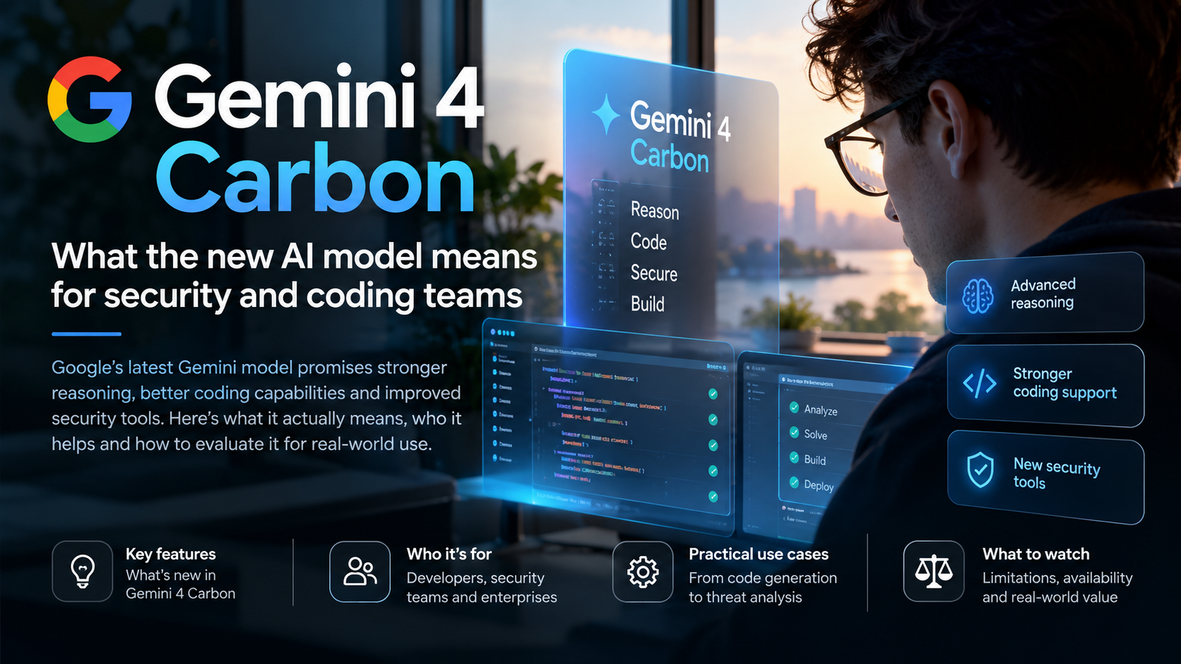 Illustration of Gemini 4 Carbon and AI-assisted security and coding workflows