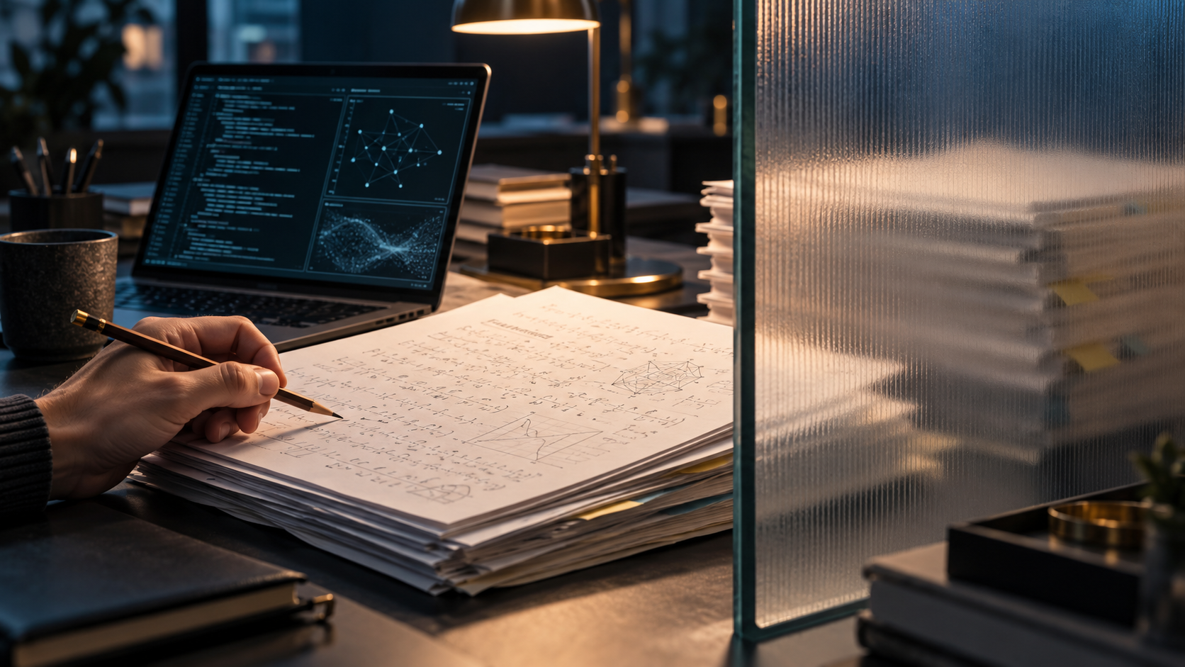 AI-generated illustration of a researcher examining mathematical papers beside a proof-checking screen, with other documents obscured by frosted glass.